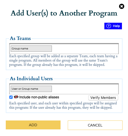 Add User to Program popup